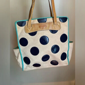 Fossil Canvas Polka Dot Purse Key Bag Charm Large Shopper Tote Handbag Whimsical